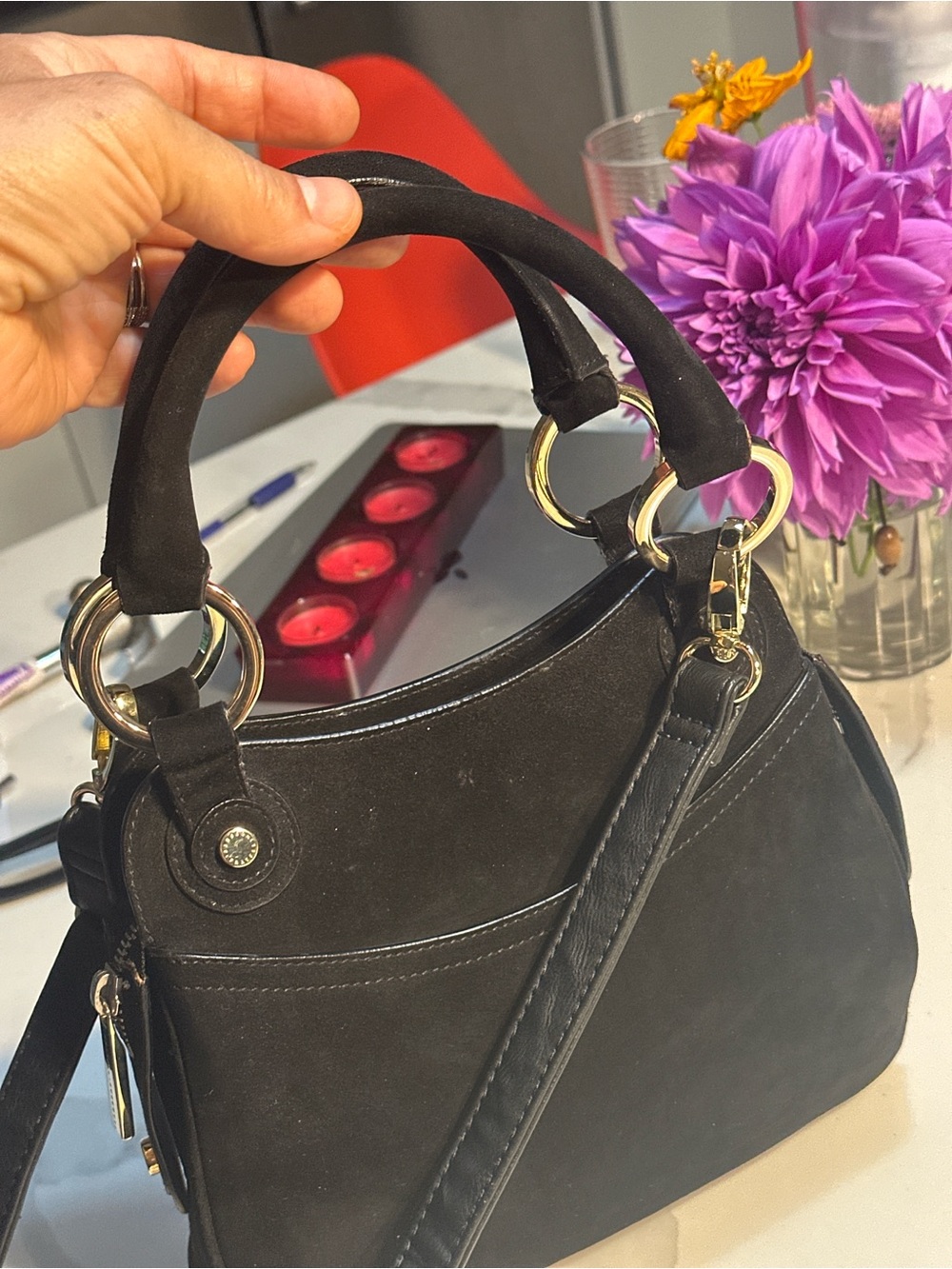 Fratelli Rossetti Black Suede Top-Handle Shoulder Bag with Gold Hardware